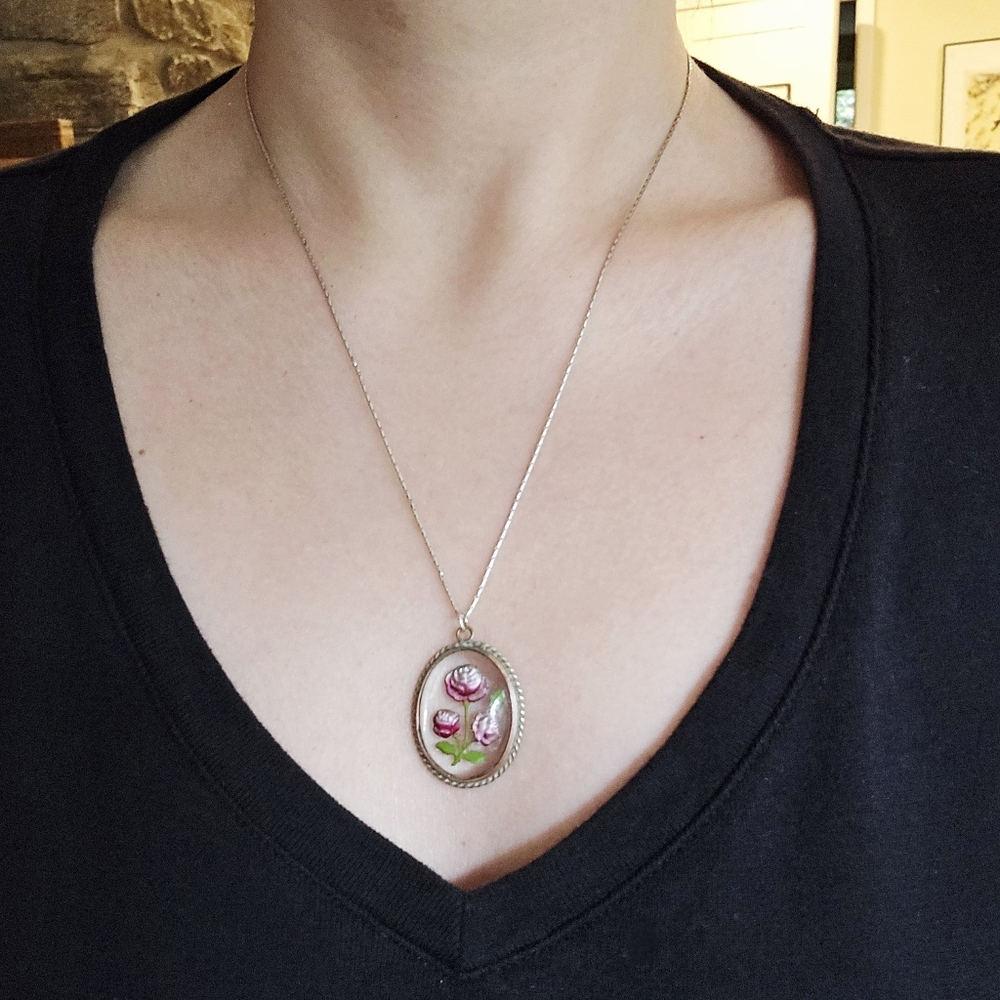Vintage Silver Glass Flower Necklace